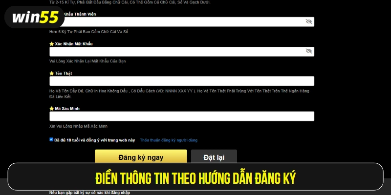 Điền thông tin theo hướng dẫn đăng ký win55