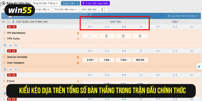 Kiểu kèo dựa trên tổng số bàn thắng trong trận đấu chính thức
